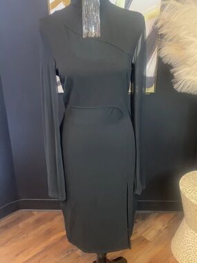 Black Long-Sleeve Sheath Dress with Beaded Neck Detail